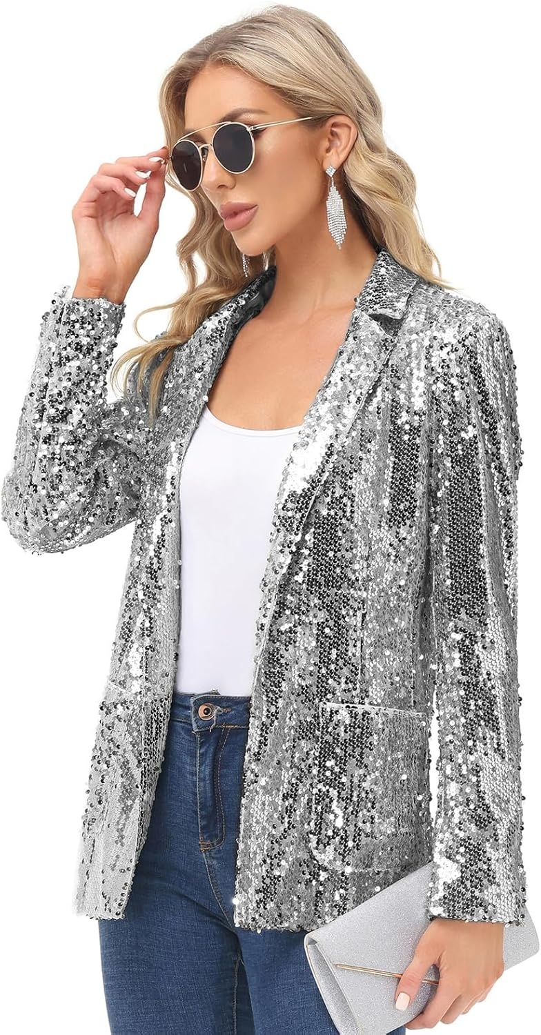 image:imageKANCY KOLE Womens Sequin Jackets Open Front Blazer Jacket Casual Long Sleeve Sparkly Cardigan Coat with Pocket SXXLSilver Grey