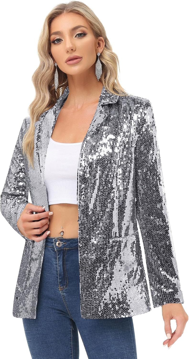 image:imageKANCY KOLE Womens Sequin Jackets Open Front Blazer Jacket Casual Long Sleeve Sparkly Cardigan Coat with Pocket SXXLSilver Grey