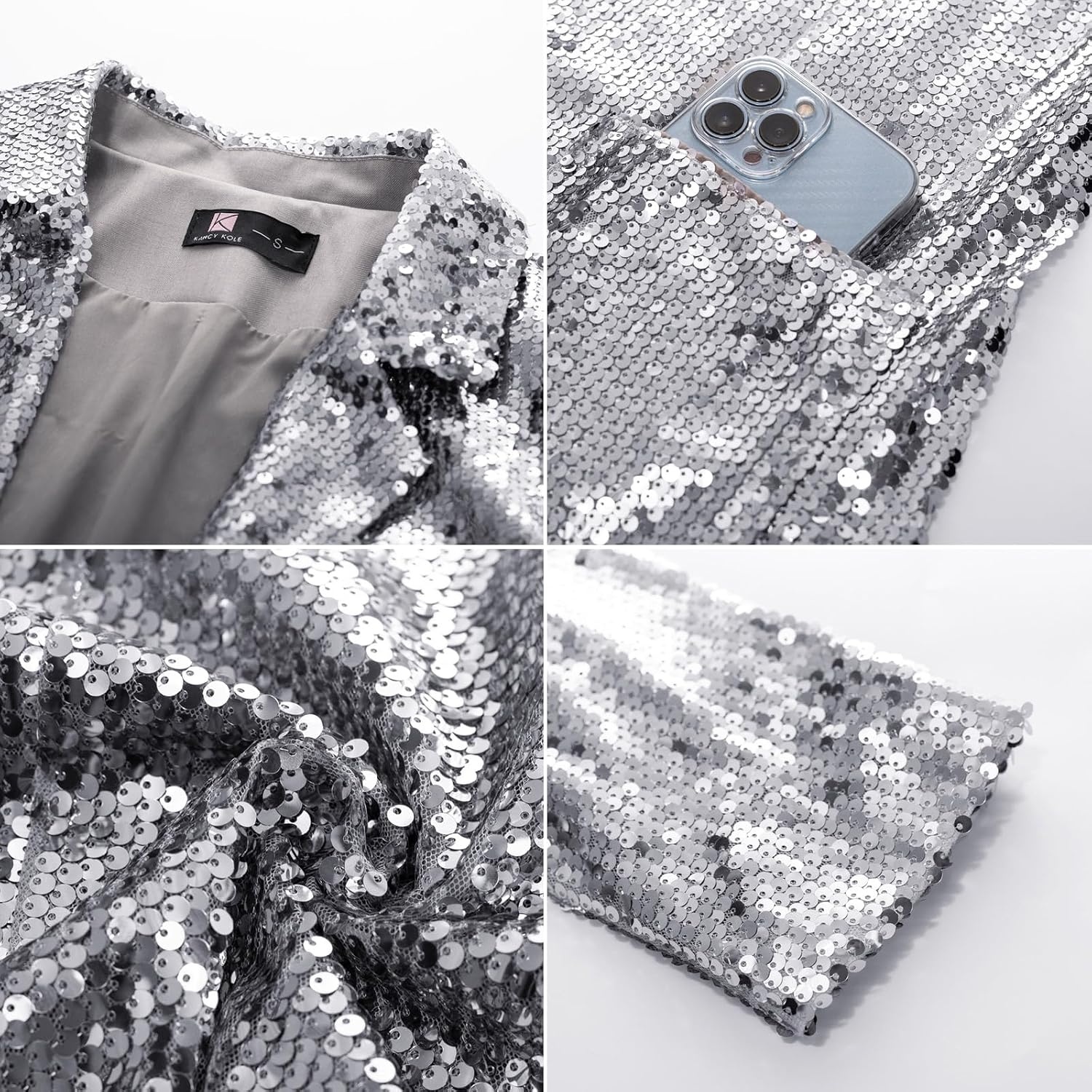 image:imageKANCY KOLE Womens Sequin Jackets Open Front Blazer Jacket Casual Long Sleeve Sparkly Cardigan Coat with Pocket SXXLSilver Grey