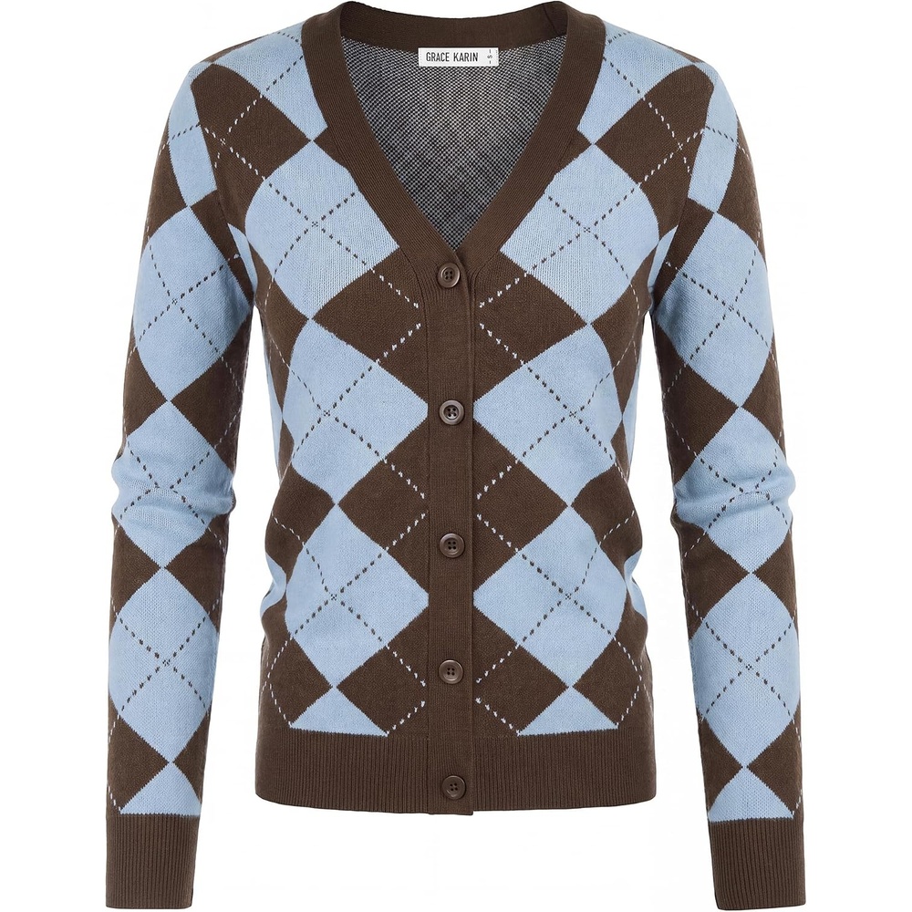 image:imageGRACE KARIN Cardigan Sweaters for Women Fall Argyle Sweater Preppy ClothesBluebrown