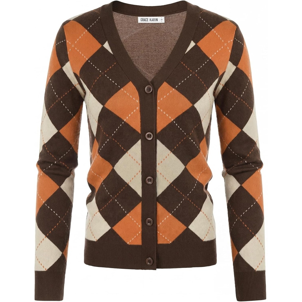 image:imageGRACE KARIN Cardigan Sweaters for Women Fall Argyle Sweater Preppy ClothesBrown Orange Beige