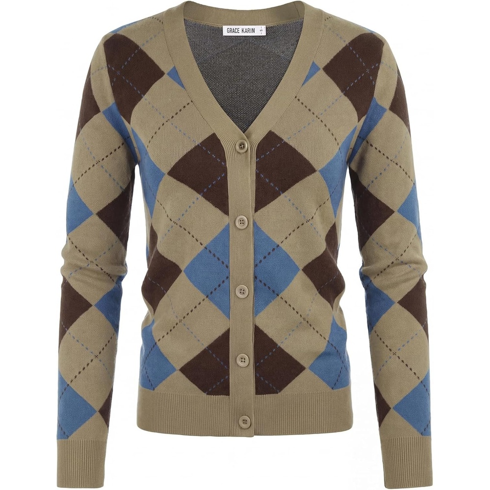 image:imageGRACE KARIN Cardigan Sweaters for Women Fall Argyle Sweater Preppy ClothesKhaki Blue Brown