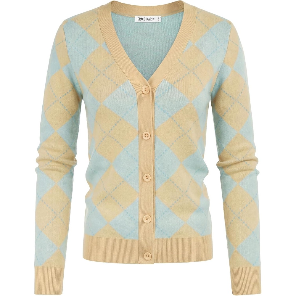 image:imageGRACE KARIN Cardigan Sweaters for Women Fall Argyle Sweater Preppy ClothesLight Yellow Blue