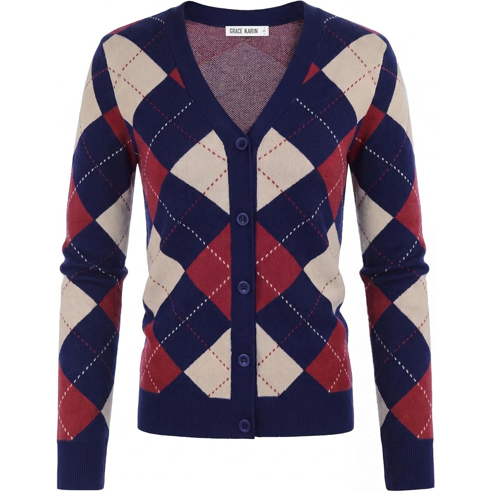 image:imageGRACE KARIN Cardigan Sweaters for Women Fall Argyle Sweater Preppy ClothesNavy Red Beige