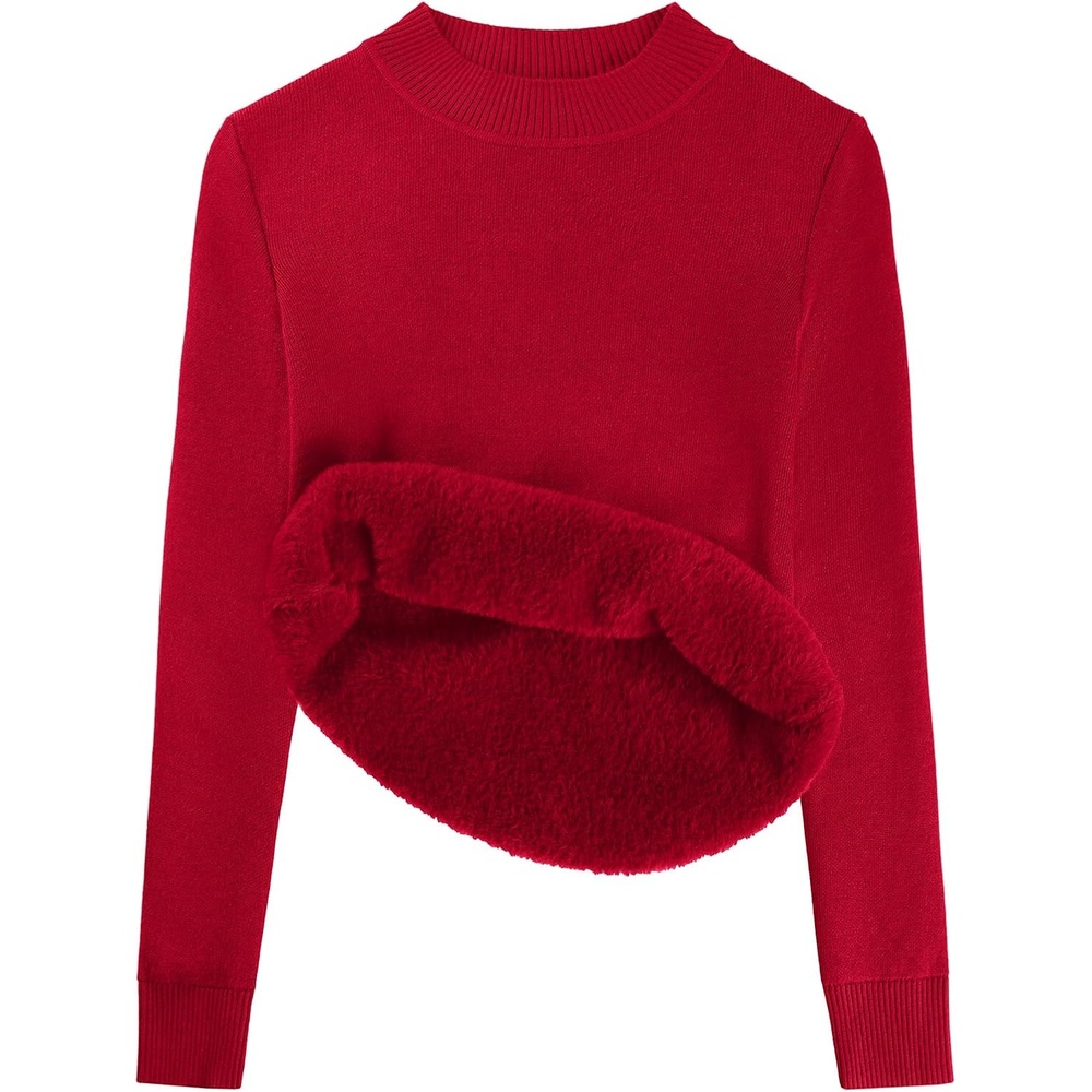 image:imageGRACE KARIN Women Fleece Sherpa Lined Sweater Long Sleeve Mock Neck TopsRed
