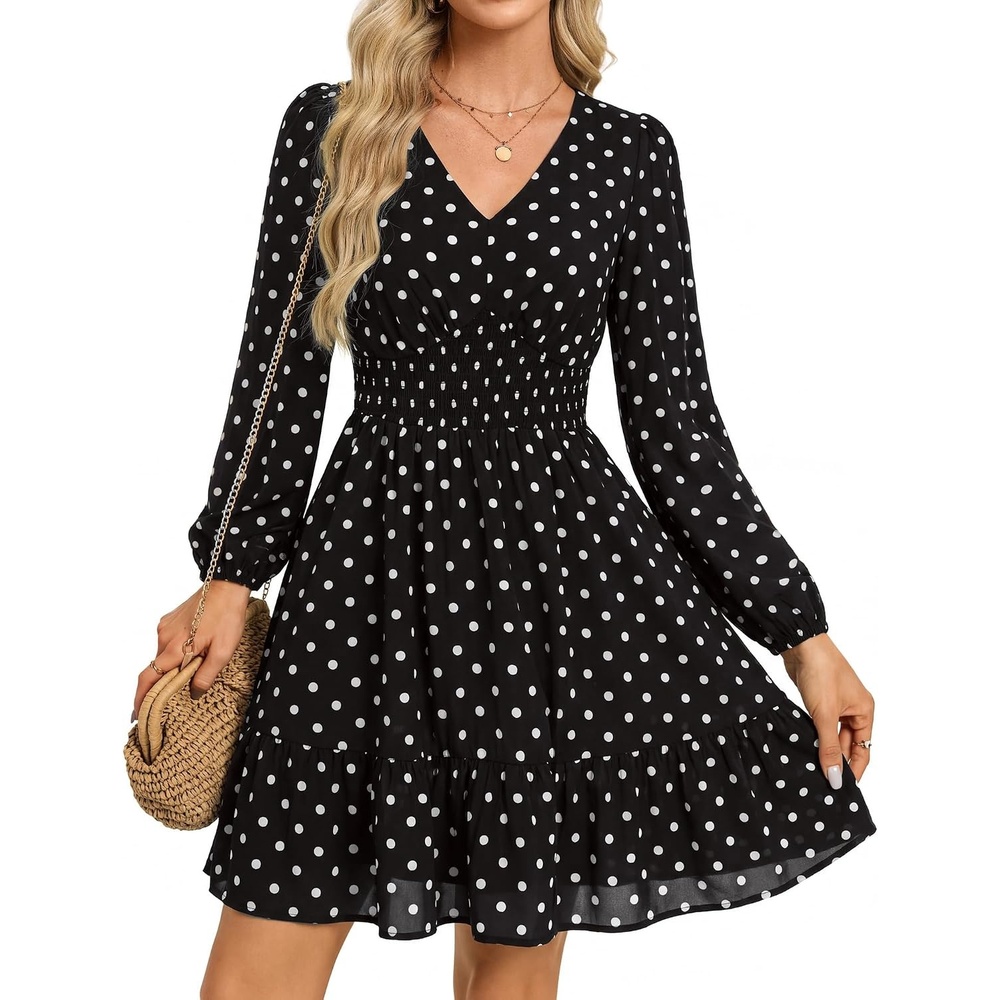 image:imageGRACE KARIN Womens Fall Long Sleeve Mini Short Dress 2026Black White Polka Dots