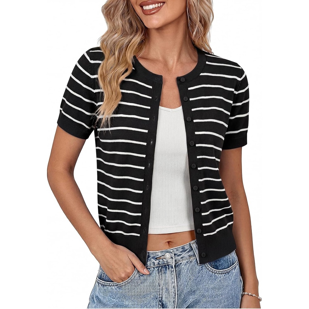 image:imageGRACE KARIN Womens Short Sleeve Cardigan Sweaters Lightweight Fall Outfits01 Black White