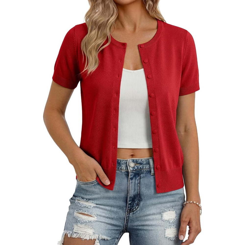 image:imageGRACE KARIN Womens Short Sleeve Cardigan Sweaters Lightweight Fall OutfitsRed