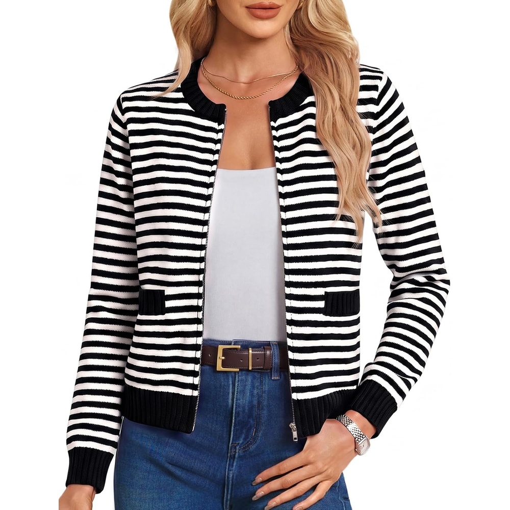 image:imageGRACE KARIN Zip up Cardigan Sweaters for Women Ribbed Knit Cropped JacketBlackwhite