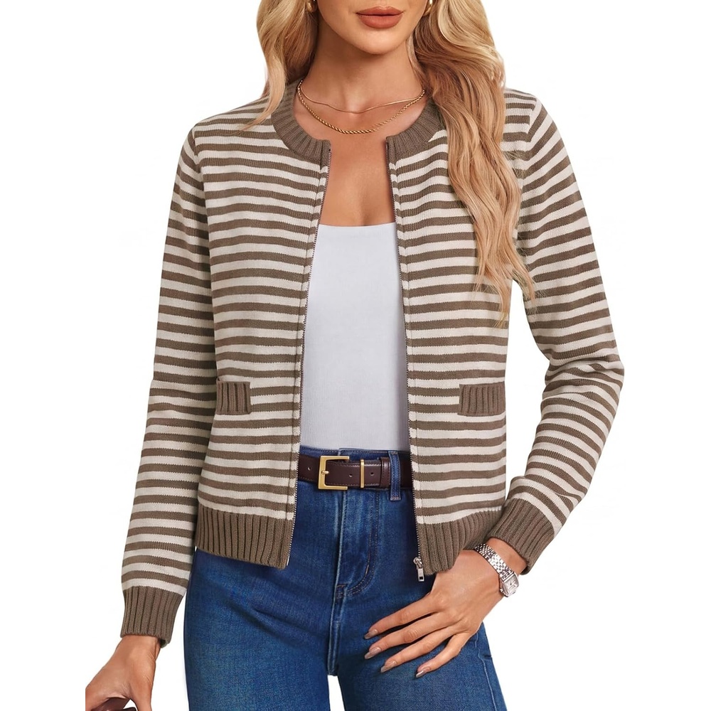 image:imageGRACE KARIN Zip up Cardigan Sweaters for Women Ribbed Knit Cropped JacketBrownapricot