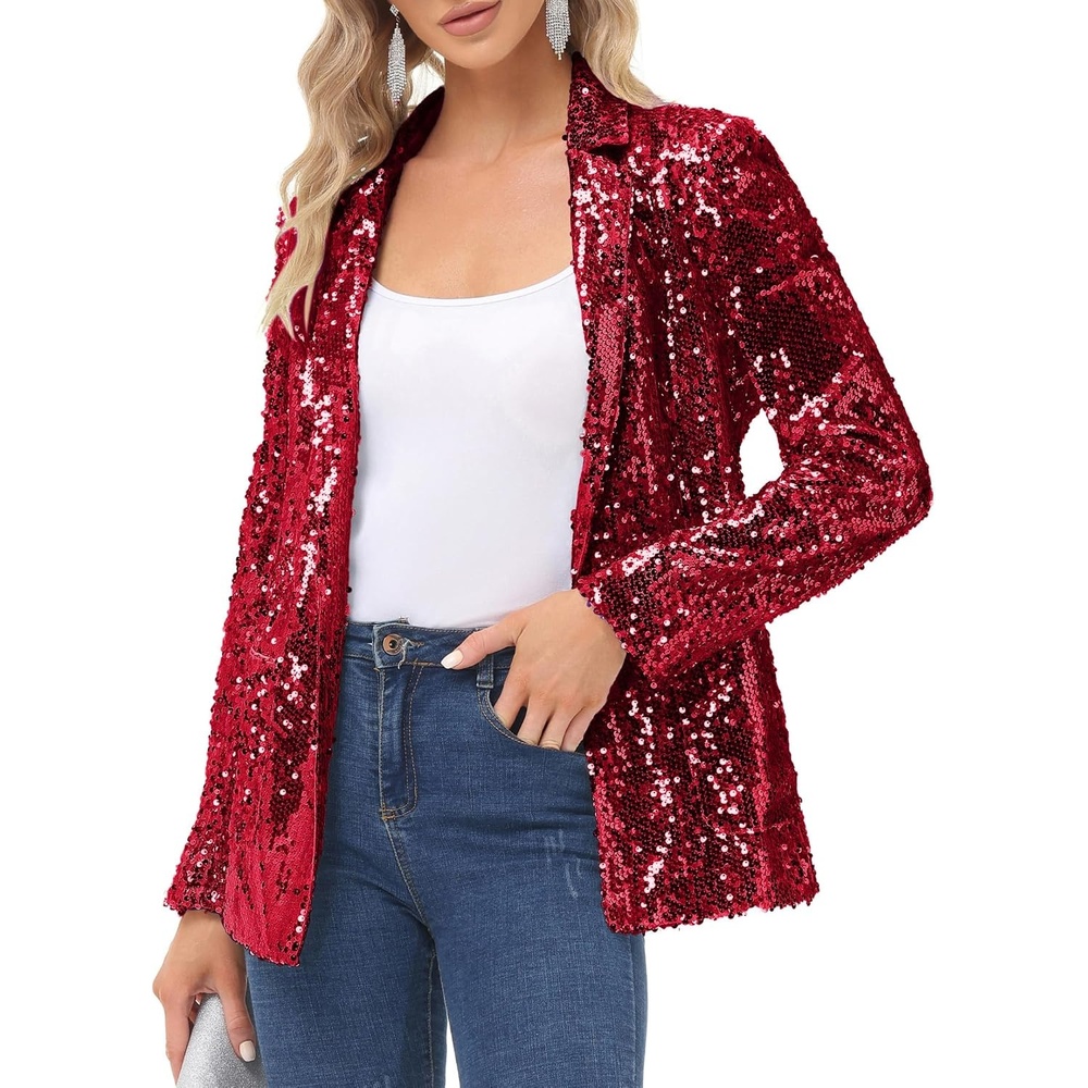 image:imageKANCY KOLE Womens Sequin Jackets Open Front Blazer Jacket Casual Long Sleeve Sparkly Cardigan Coat with Pocket SXXLBright Red