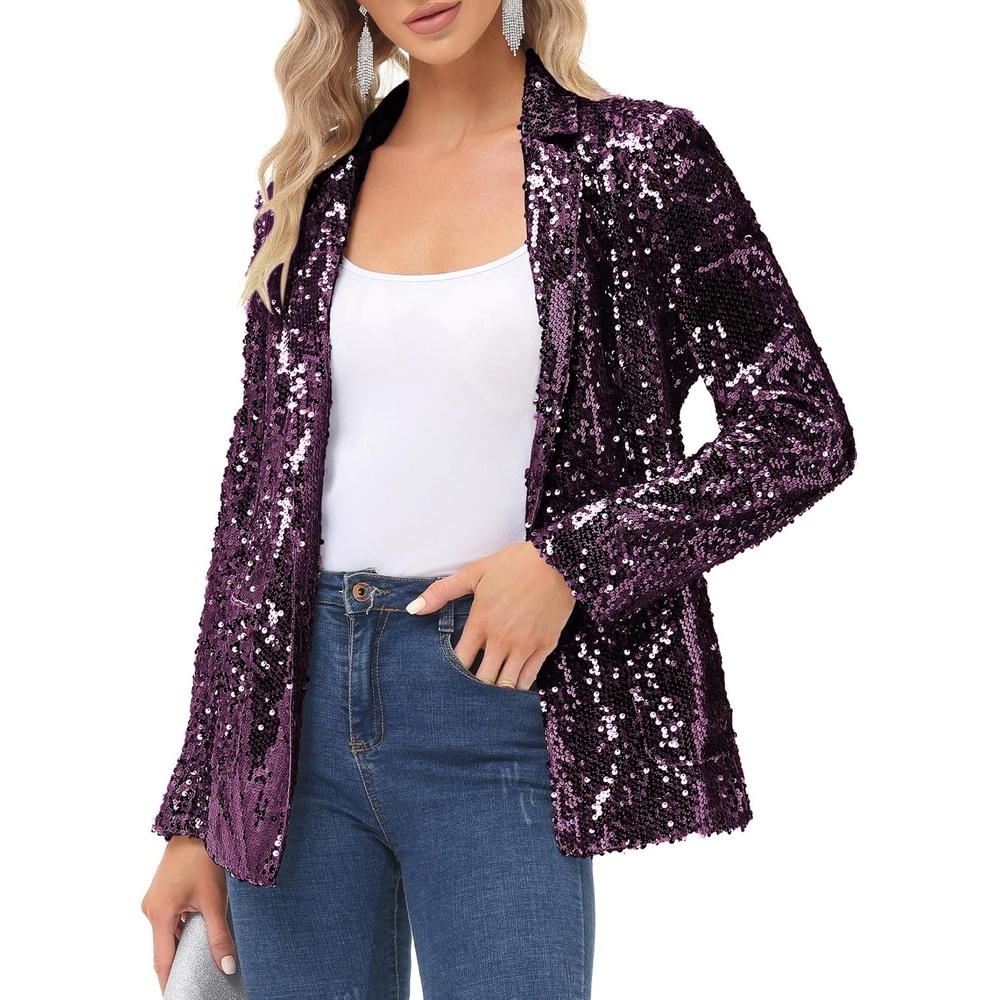 image:imageKANCY KOLE Womens Sequin Jackets Open Front Blazer Jacket Casual Long Sleeve Sparkly Cardigan Coat with Pocket SXXLDark Purple