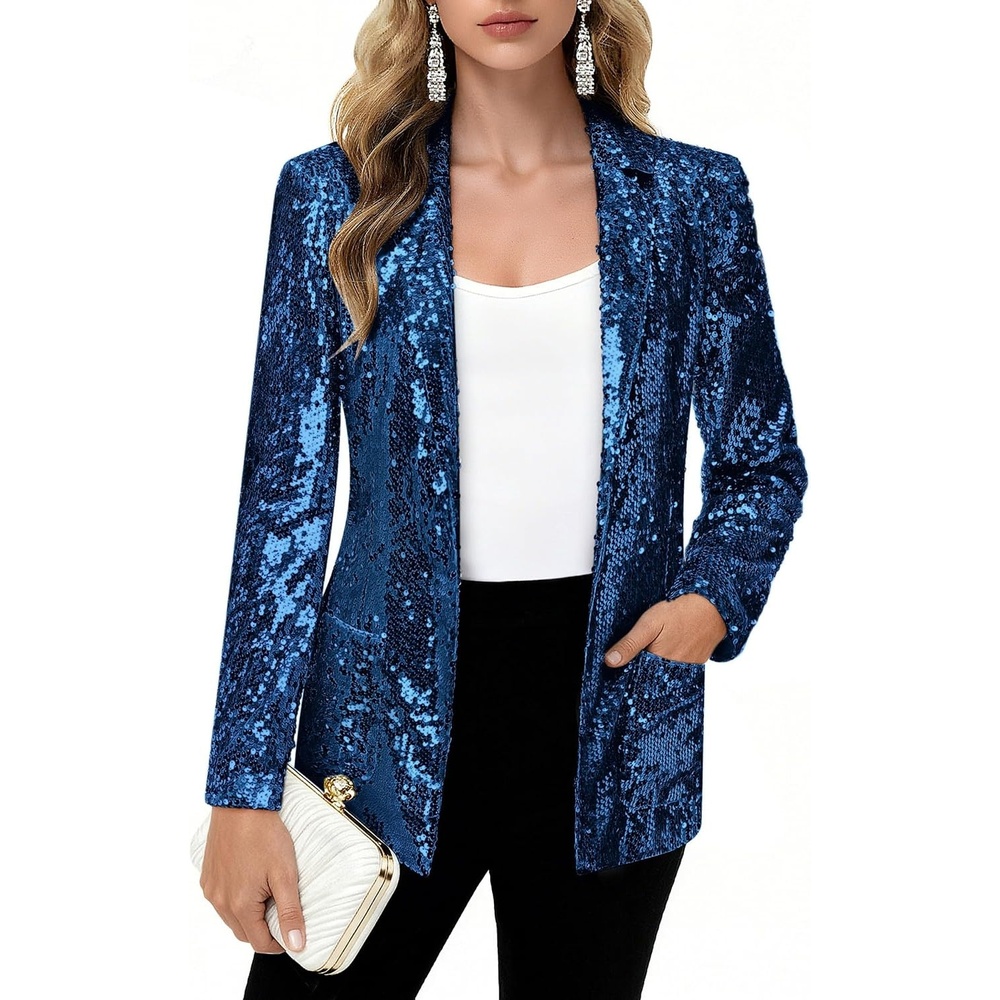 image:imageKANCY KOLE Womens Sequin Jackets Open Front Blazer Jacket Casual Long Sleeve Sparkly Cardigan Coat with Pocket SXXLDeep Peacock Blue
