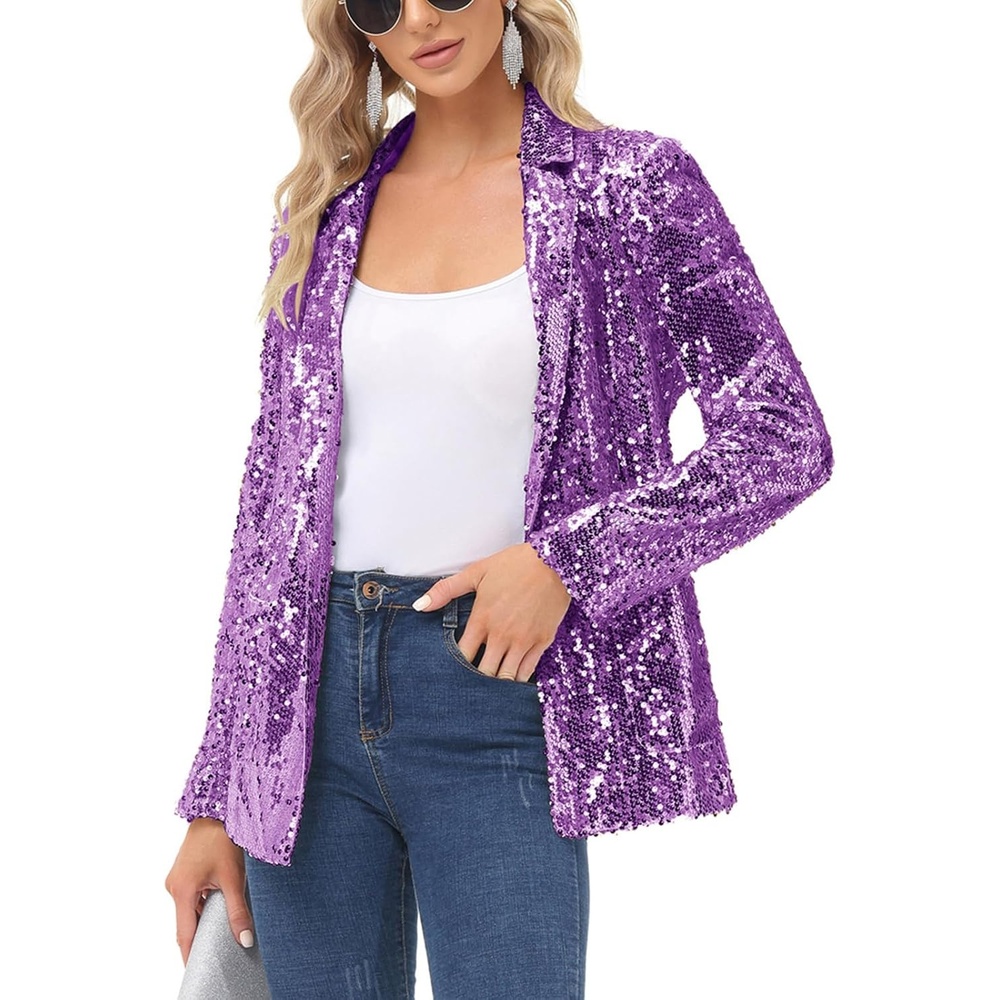 image:imageKANCY KOLE Womens Sequin Jackets Open Front Blazer Jacket Casual Long Sleeve Sparkly Cardigan Coat with Pocket SXXLPurple