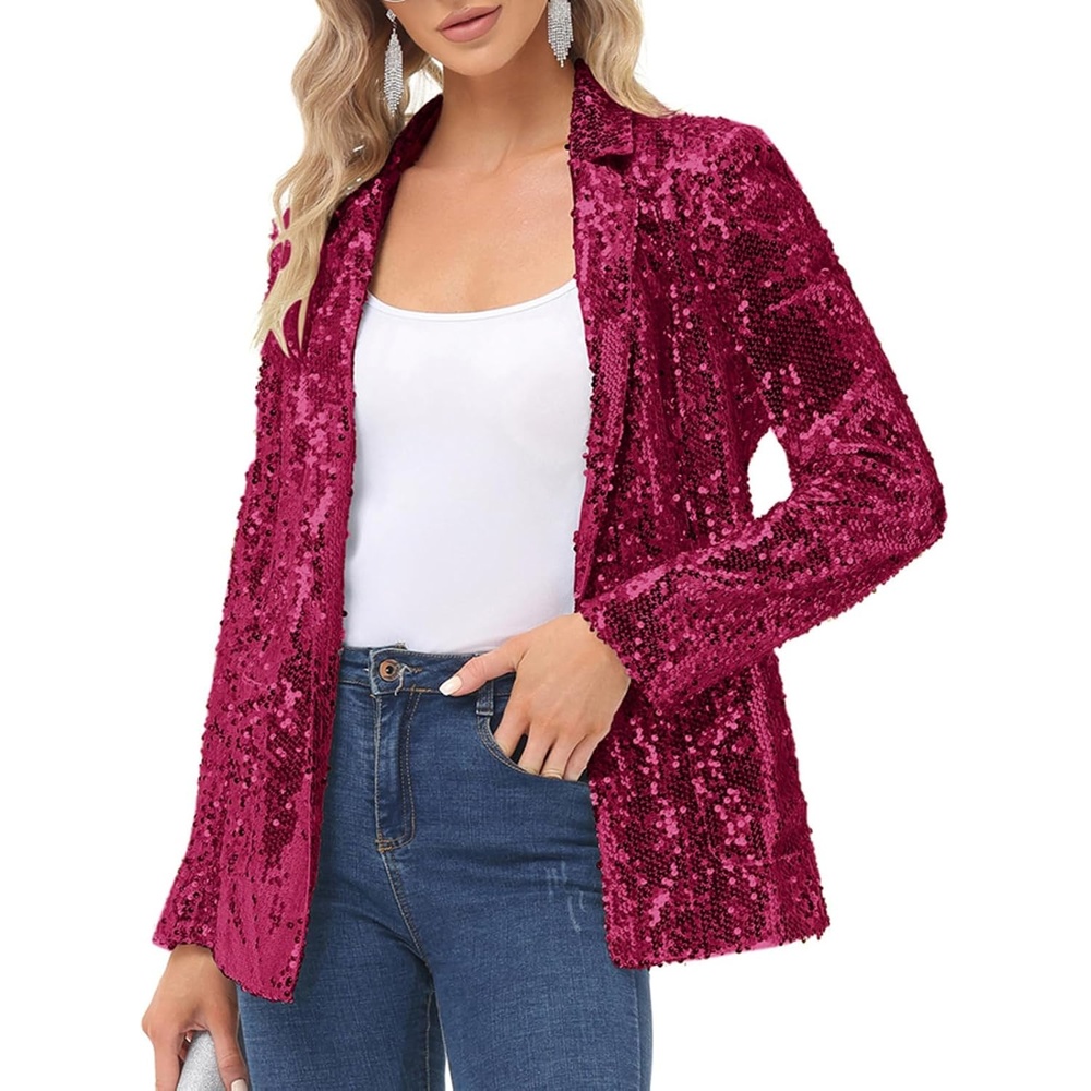 image:imageKANCY KOLE Womens Sequin Jackets Open Front Blazer Jacket Casual Long Sleeve Sparkly Cardigan Coat with Pocket SXXLRose Red