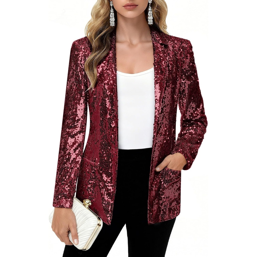 image:imageKANCY KOLE Womens Sequin Jackets Open Front Blazer Jacket Casual Long Sleeve Sparkly Cardigan Coat with Pocket SXXLWine Red