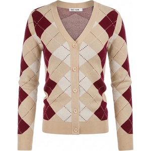 GRACE KARIN Cardigan Sweaters for Women Fall Argyle Sweater Preppy Clothes(Beigewine)