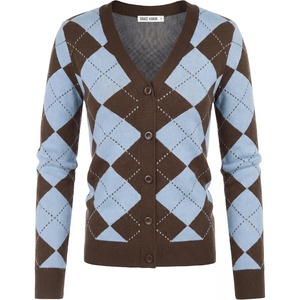GRACE KARIN Cardigan Sweaters for Women Fall Argyle Sweater Preppy Clothes(Bluebrown)