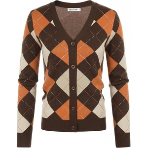GRACE KARIN Cardigan Sweaters for Women Fall Argyle Sweater Preppy Clothes(Brown Orange Beige)