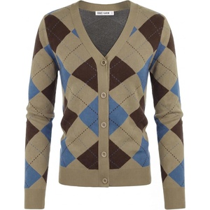 GRACE KARIN Cardigan Sweaters for Women Fall Argyle Sweater Preppy Clothes(Khaki Blue Brown)