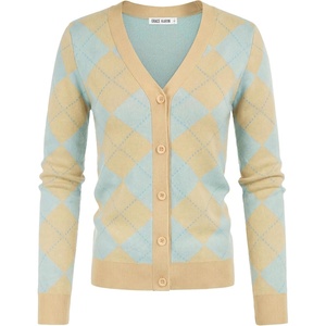 GRACE KARIN Cardigan Sweaters for Women Fall Argyle Sweater Preppy Clothes(Light Yellow Blue)