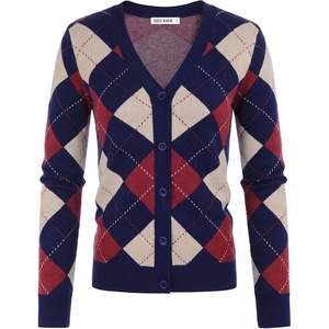 GRACE KARIN Cardigan Sweaters for Women Fall Argyle Sweater Preppy Clothes(Navy Red Beige)
