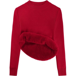 GRACE KARIN Women Fleece Sherpa Lined Sweater Long Sleeve Mock Neck Tops(Red)