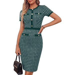 GRACE KARIN Women Work Business Short Sleeve Bodycon Tweed Dress(Dark Green)