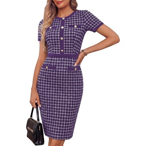 GRACE KARIN Women Work Business Short Sleeve Bodycon Tweed Dress(Dark Purple)