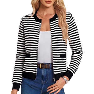 GRACE KARIN Zip up Cardigan Sweaters for Women Ribbed Knit Cropped Jacket(Black-white)