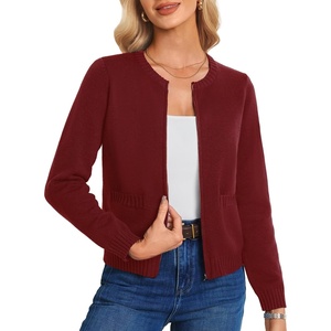 GRACE KARIN Zip up Cardigan Sweaters for Women Ribbed Knit Cropped Jacket(Burgundy)