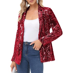 KANCY KOLE Women’s Sequin Jackets Open Front Blazer Jacket Casual Long Sleeve Sparkly Cardigan Coat with Pocket S-XXL(Bright Red)