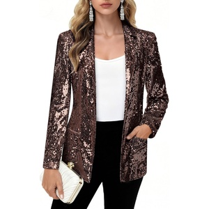 KANCY KOLE Women’s Sequin Jackets Open Front Blazer Jacket Casual Long Sleeve Sparkly Cardigan Coat with Pocket S-XXL(Chocolate Brown)