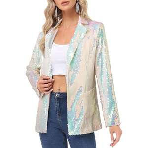 KANCY KOLE Women’s Sequin Jackets Open Front Blazer Jacket Casual Long Sleeve Sparkly Cardigan Coat with Pocket S-XXL(Colorful White)