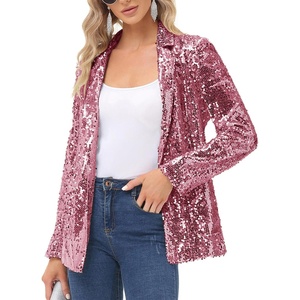 KANCY KOLE Women’s Sequin Jackets Open Front Blazer Jacket Casual Long Sleeve Sparkly Cardigan Coat with Pocket S-XXL(Pink)