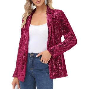 KANCY KOLE Women’s Sequin Jackets Open Front Blazer Jacket Casual Long Sleeve Sparkly Cardigan Coat with Pocket S-XXL(Rose Red)