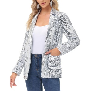 KANCY KOLE Women’s Sequin Jackets Open Front Blazer Jacket Casual Long Sleeve Sparkly Cardigan Coat with Pocket S-XXL(Shiny Silver)