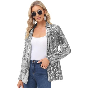 KANCY KOLE Women’s Sequin Jackets Open Front Blazer Jacket Casual Long Sleeve Sparkly Cardigan Coat with Pocket S-XXL(Silver Grey)