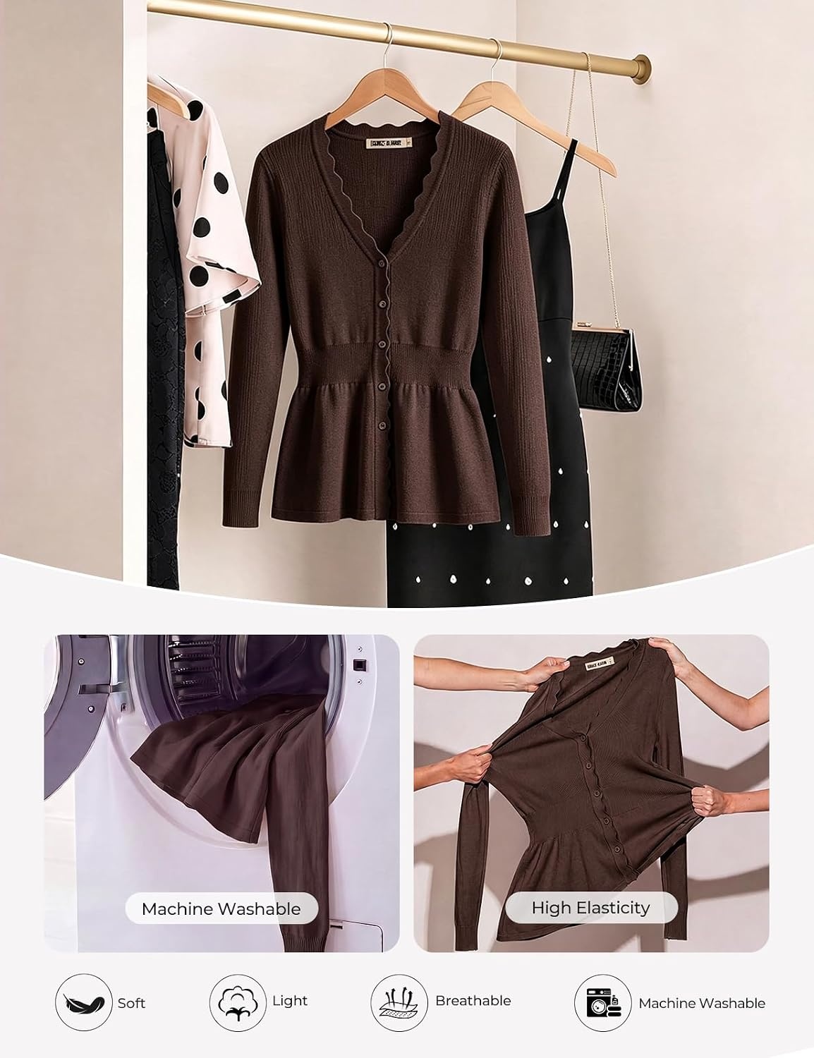 image:imageGRACE KARIN Cardigan Sweaters for Women Lightweight Long Sleeve Knit Blazer V Neck Scalloped Button Up Peplum TopsChocolate Brown