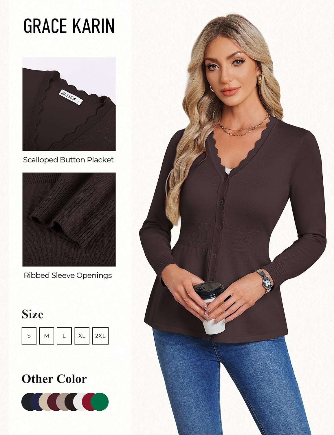 image:imageGRACE KARIN Cardigan Sweaters for Women Lightweight Long Sleeve Knit Blazer V Neck Scalloped Button Up Peplum TopsChocolate Brown