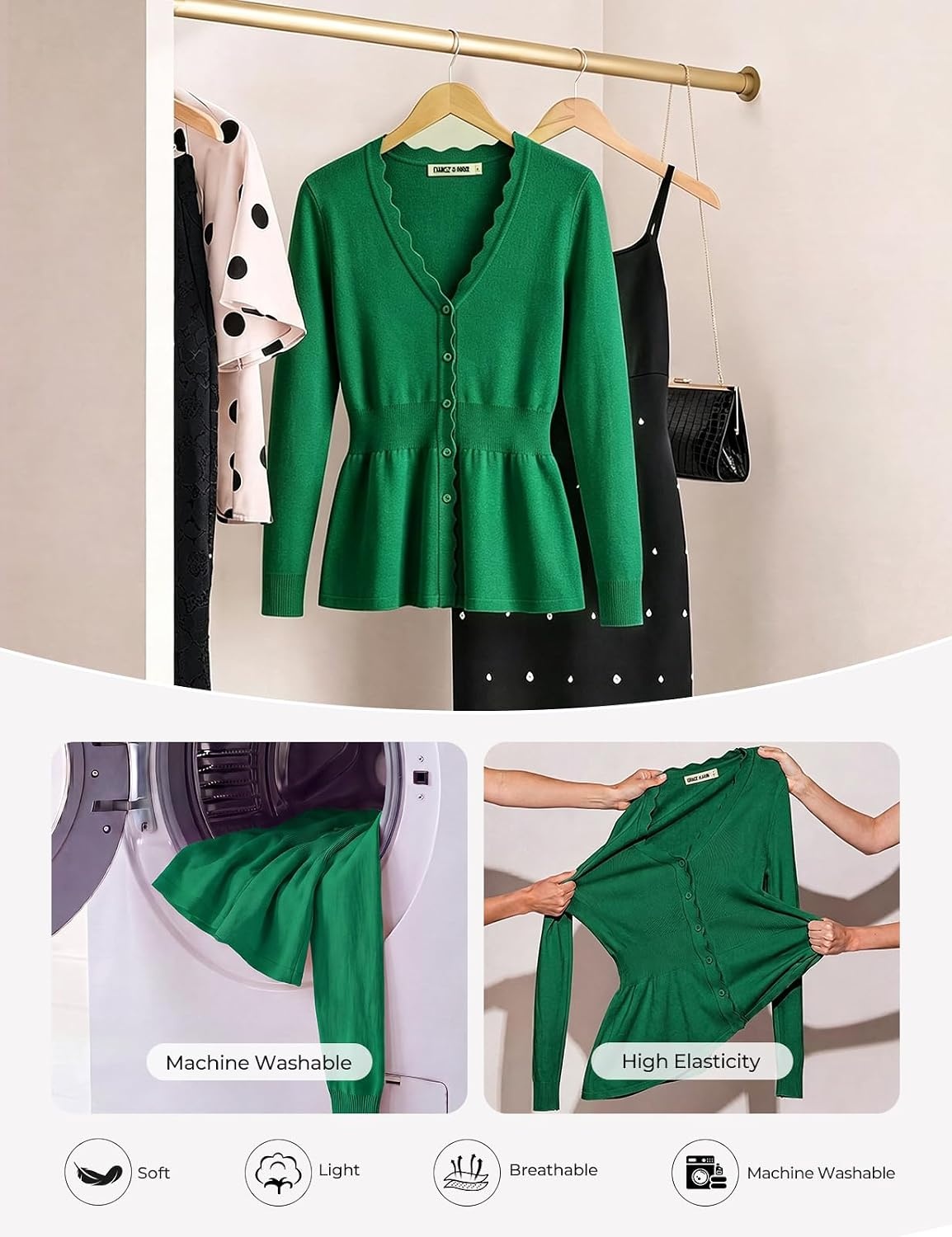 image:imageGRACE KARIN Cardigan Sweaters for Women Lightweight Long Sleeve Knit Blazer V Neck Scalloped Button Up Peplum TopsGreen