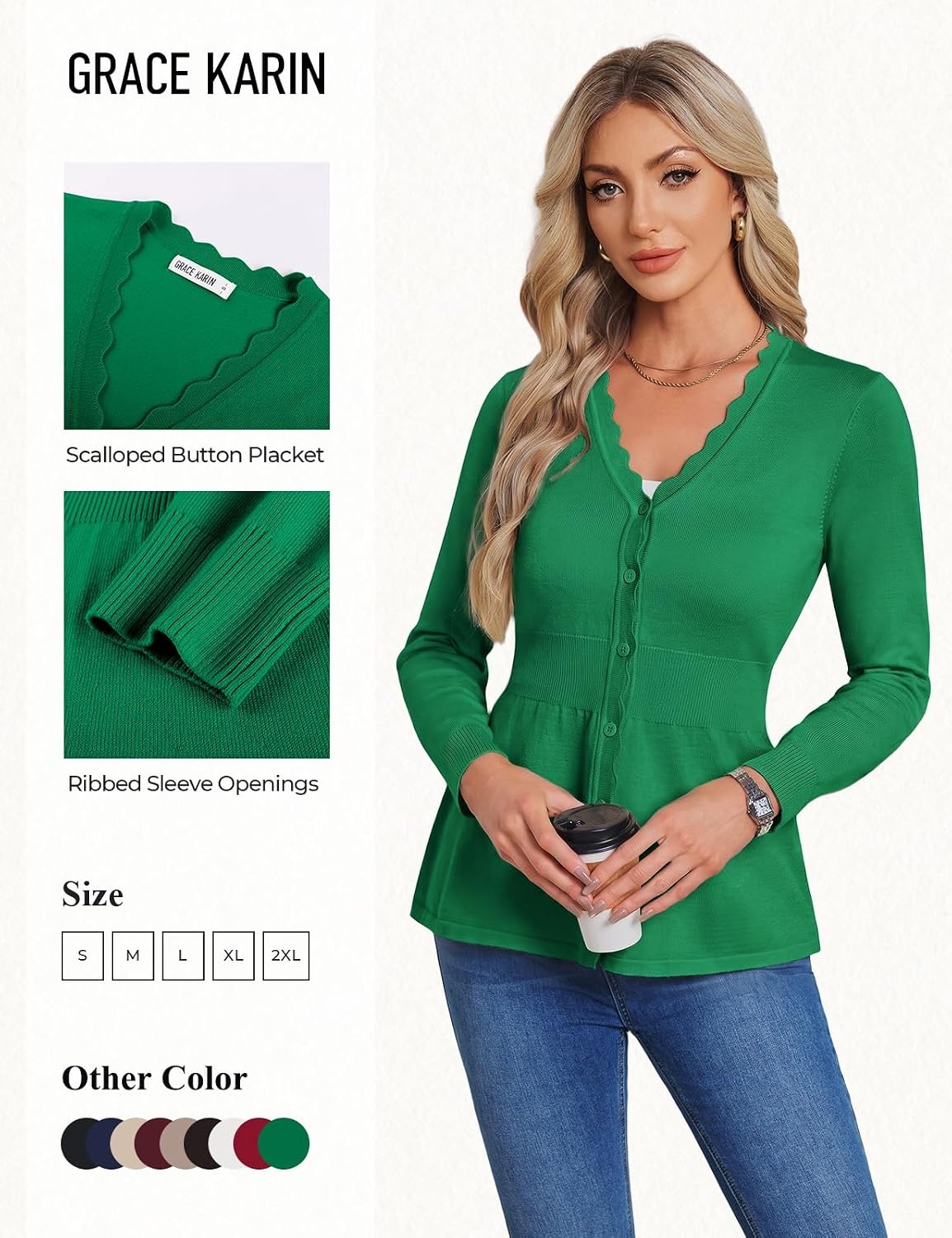 image:imageGRACE KARIN Cardigan Sweaters for Women Lightweight Long Sleeve Knit Blazer V Neck Scalloped Button Up Peplum TopsGreen