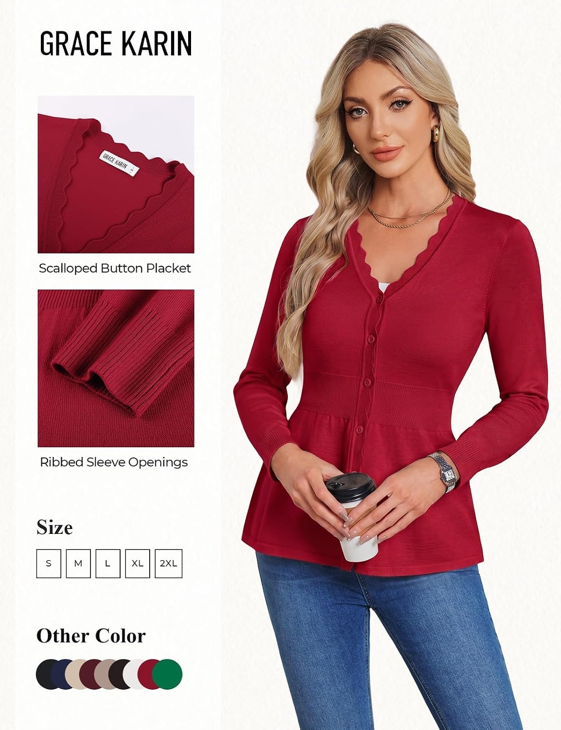 image:imageGRACE KARIN Cardigan Sweaters for Women Lightweight Long Sleeve Knit Blazer V Neck Scalloped Button Up Peplum TopsRed