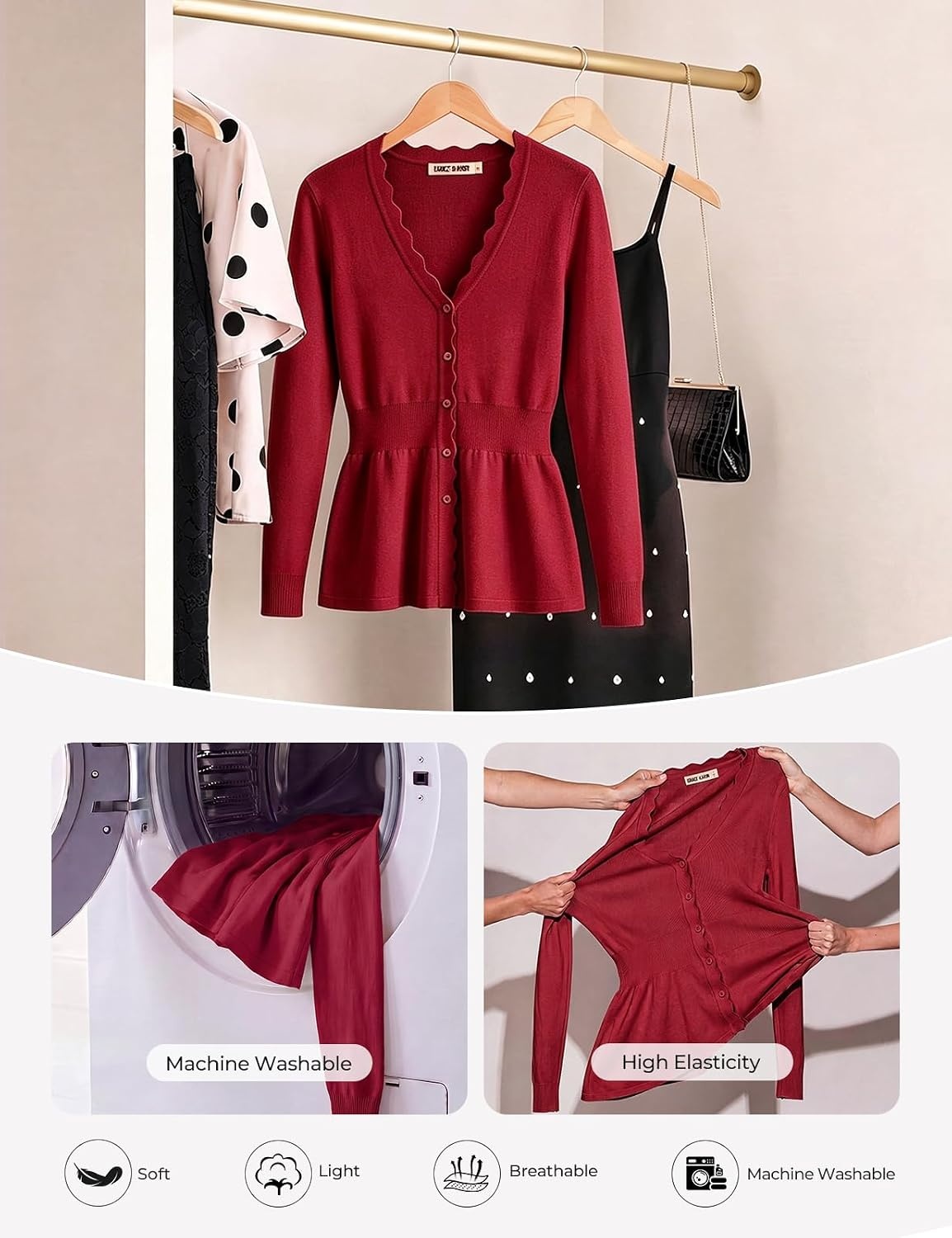image:imageGRACE KARIN Cardigan Sweaters for Women Lightweight Long Sleeve Knit Blazer V Neck Scalloped Button Up Peplum TopsRed