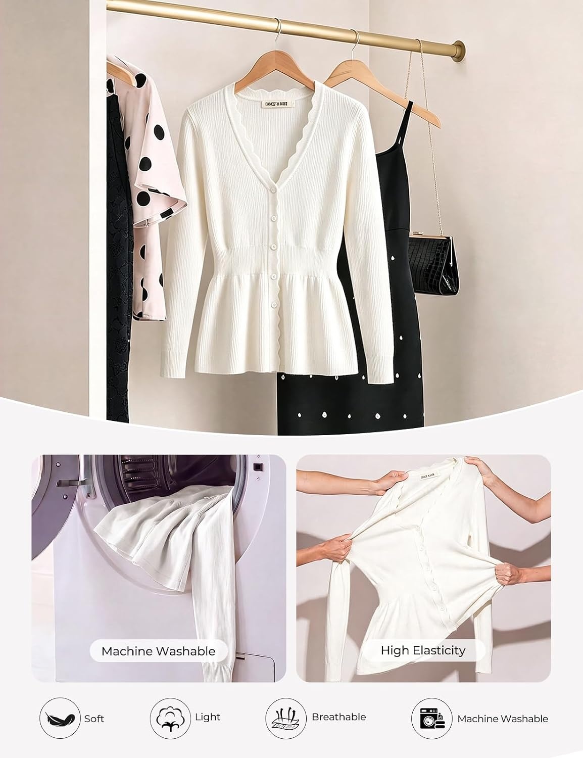 image:imageGRACE KARIN Cardigan Sweaters for Women Lightweight Long Sleeve Knit Blazer V Neck Scalloped Button Up Peplum TopsWhite