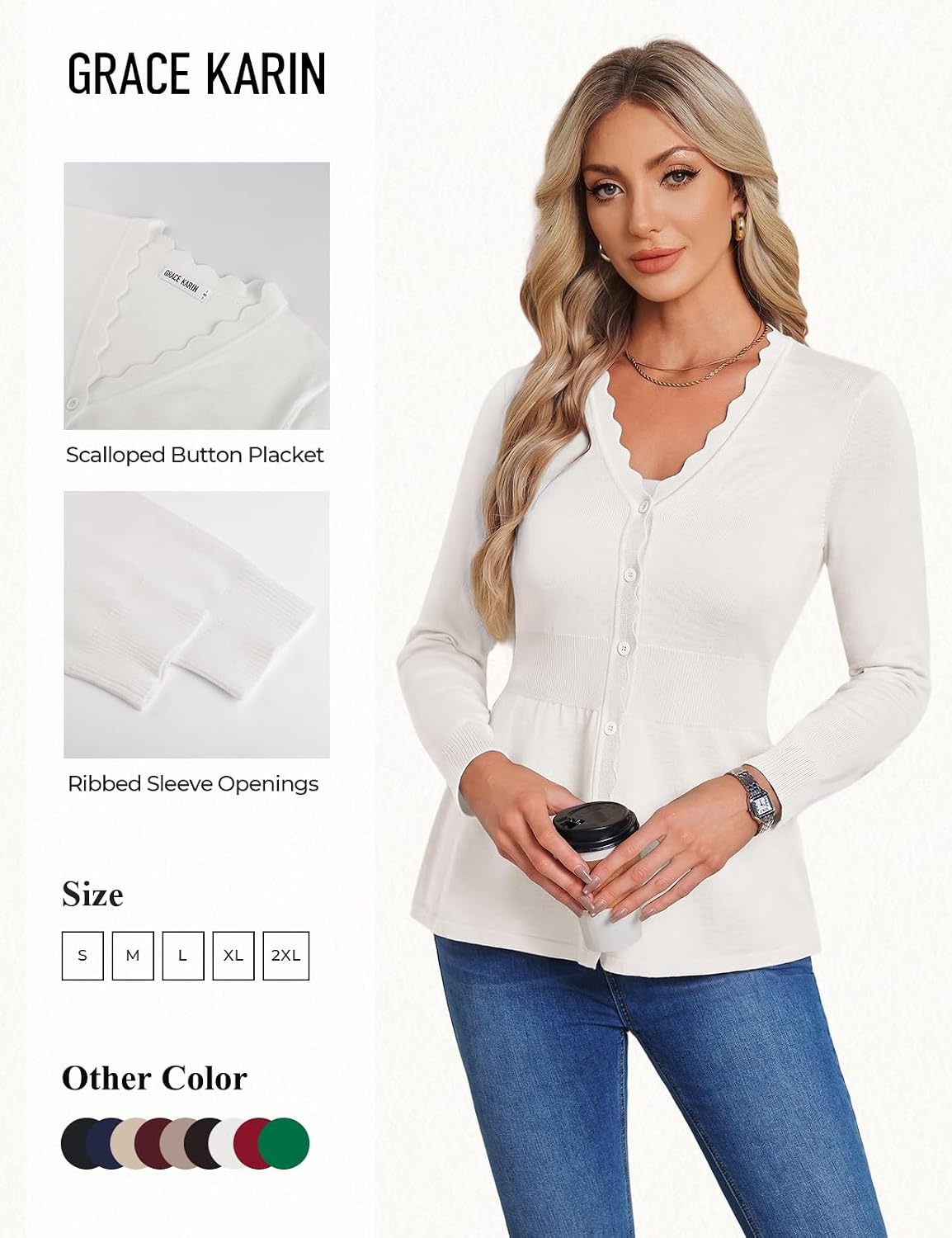 image:imageGRACE KARIN Cardigan Sweaters for Women Lightweight Long Sleeve Knit Blazer V Neck Scalloped Button Up Peplum TopsWhite