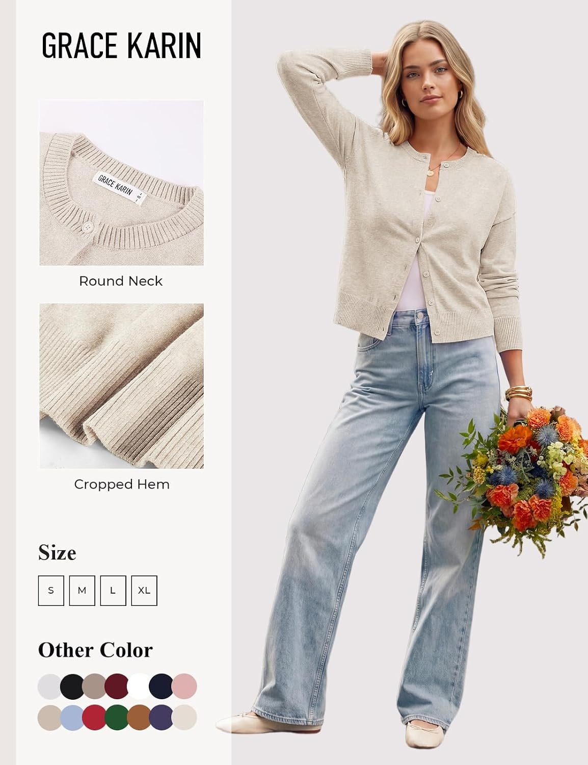 image:imageGRACE KARIN Cropped Cardigan Sweaters for Women Long Sleeve Crew Neck Open Front Jackets Y2K Fall Fashion Clothes 2026Beige