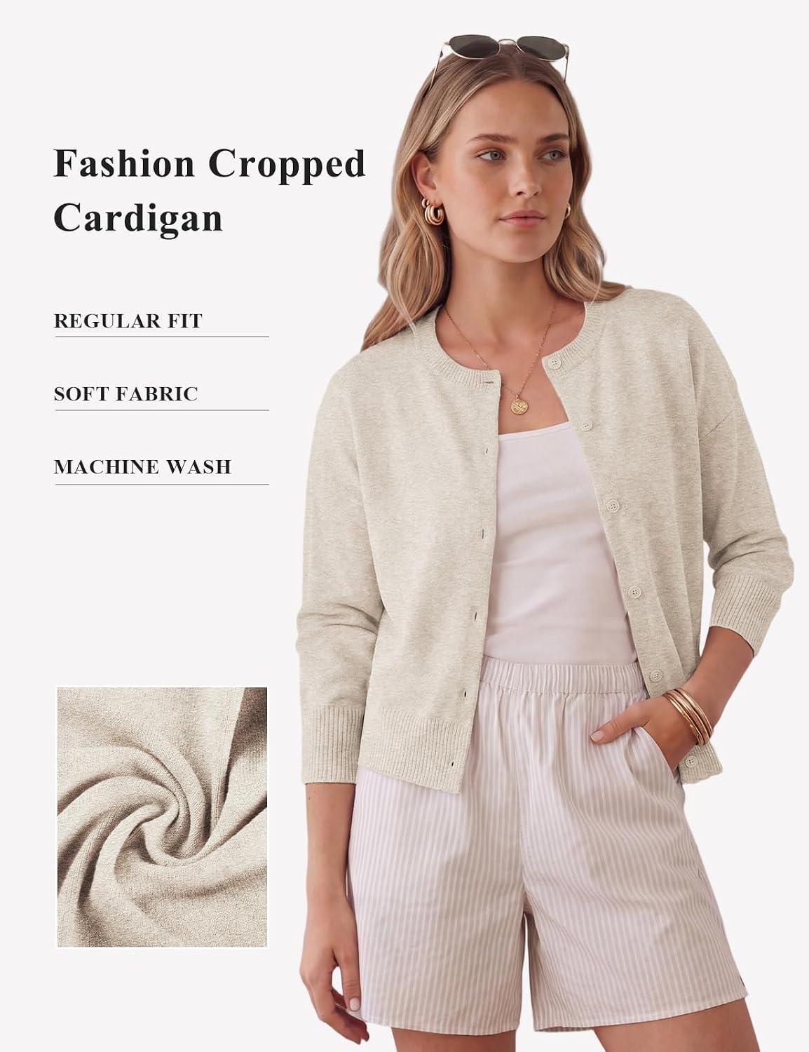 image:imageGRACE KARIN Cropped Cardigan Sweaters for Women Long Sleeve Crew Neck Open Front Jackets Y2K Fall Fashion Clothes 2026Beige