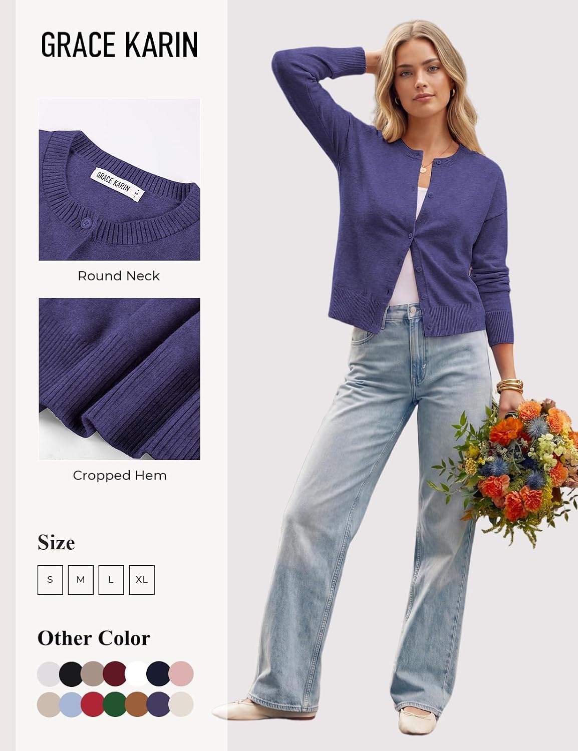 image:imageGRACE KARIN Cropped Cardigan Sweaters for Women Long Sleeve Crew Neck Open Front Jackets Y2K Fall Fashion Clothes 2026Deep Purple