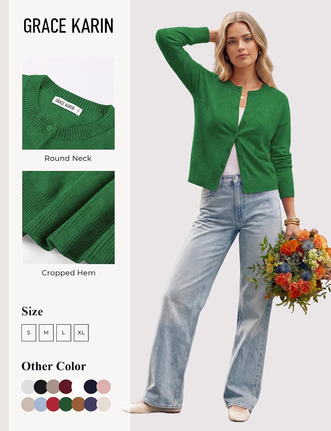 image:imageGRACE KARIN Cropped Cardigan Sweaters for Women Long Sleeve Crew Neck Open Front Jackets Y2K Fall Fashion Clothes 2026Green